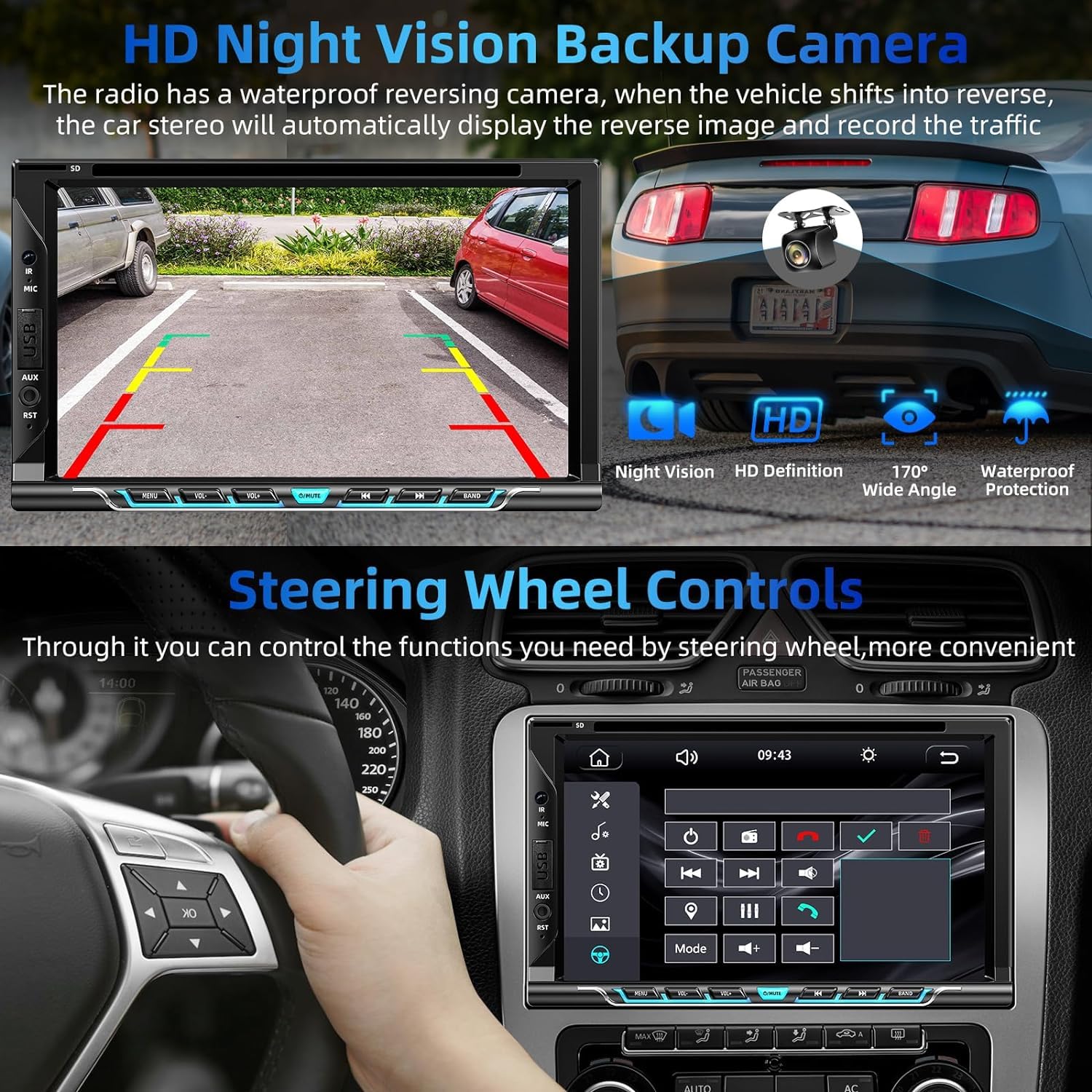 WOWiViD Double Din Car Stereo, 7 HD Touchscreen, CarPlay & Android Auto, Bluetooth, CD/DVD Player, Backup Camera, USB/TF/AUX Input, Black